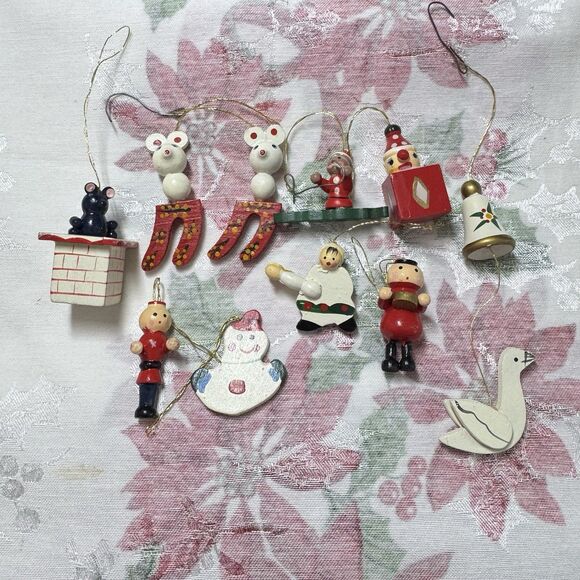 Vtg Wooden Mini Christmas Ornaments Lot 12pcs German Taiwan Clock Mouse Chimney - Picture 4 of 11